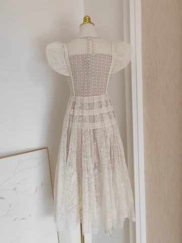 A line Scoop Champagne Short Sleeves Lace Vacation Dress Women Dresses SD154